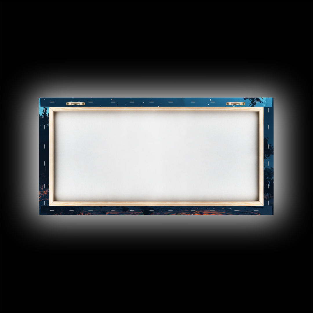 Campfire by lake, coastal decor, nautical wall art, scenic night, moody painting, extra wide art, panoramic art, canvas print, above sofa art