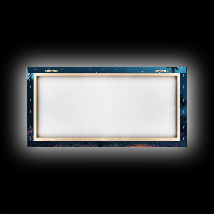 Campfire by lake, coastal decor, nautical wall art, scenic night, moody painting, extra wide art, panoramic art, canvas print, above sofa art