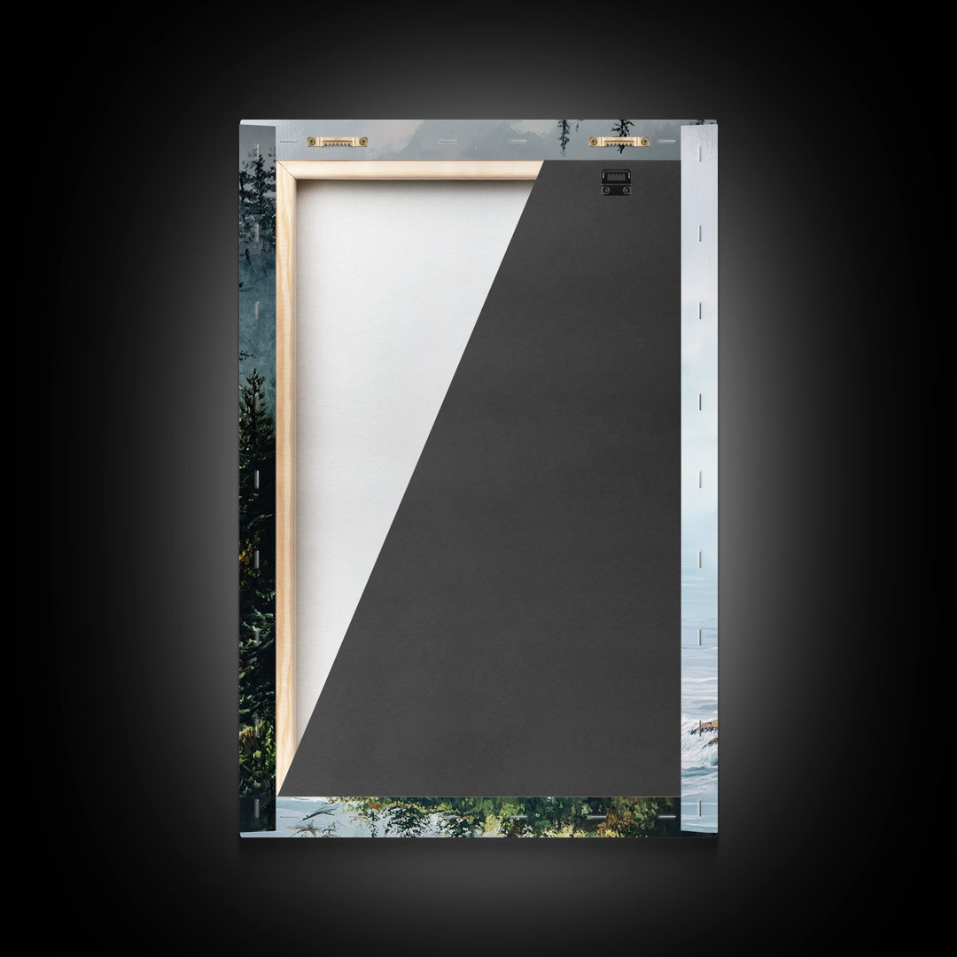 Coastal Cliff, ocean waves, pine tree art, landscape painting, coastal wall art, rustic decor, framed canvas print, nautical art