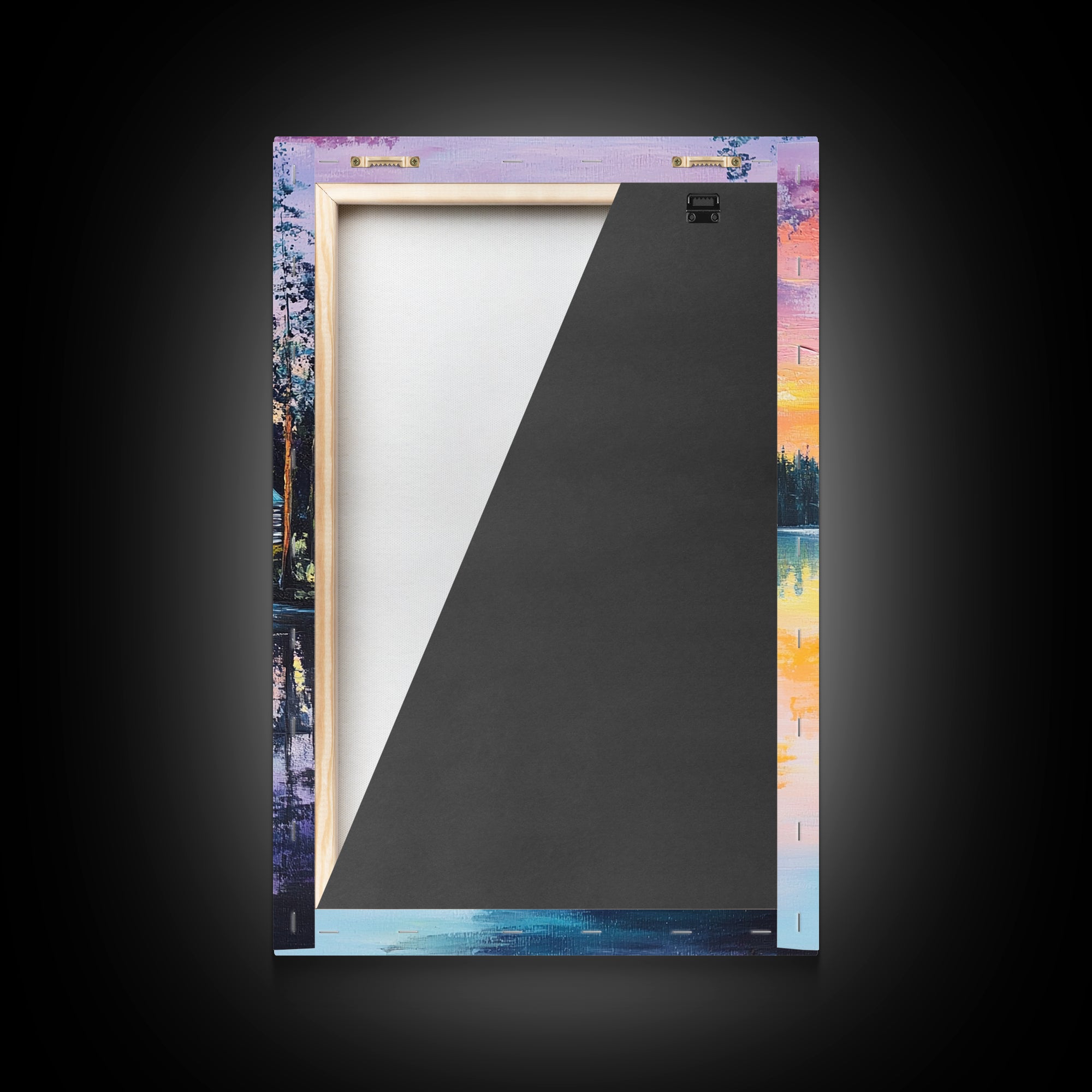 Cabin, Lake, Sunset, Framed Canvas Print, landscape painting, rustic wall art, above bed wall art, pine tree art, above sofa art