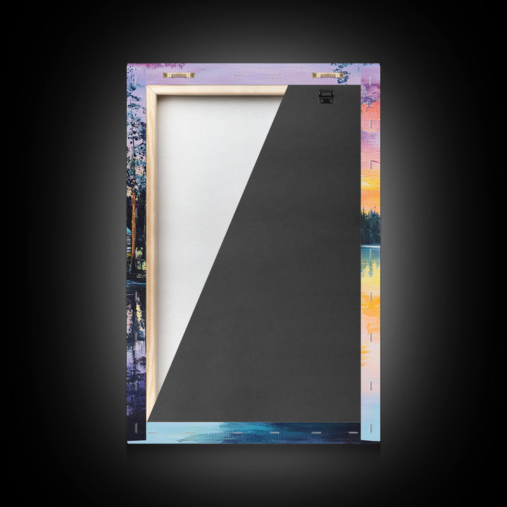 Cabin, Lake, Sunset, Framed Canvas Print, landscape painting, rustic wall art, above bed wall art, pine tree art, above sofa art