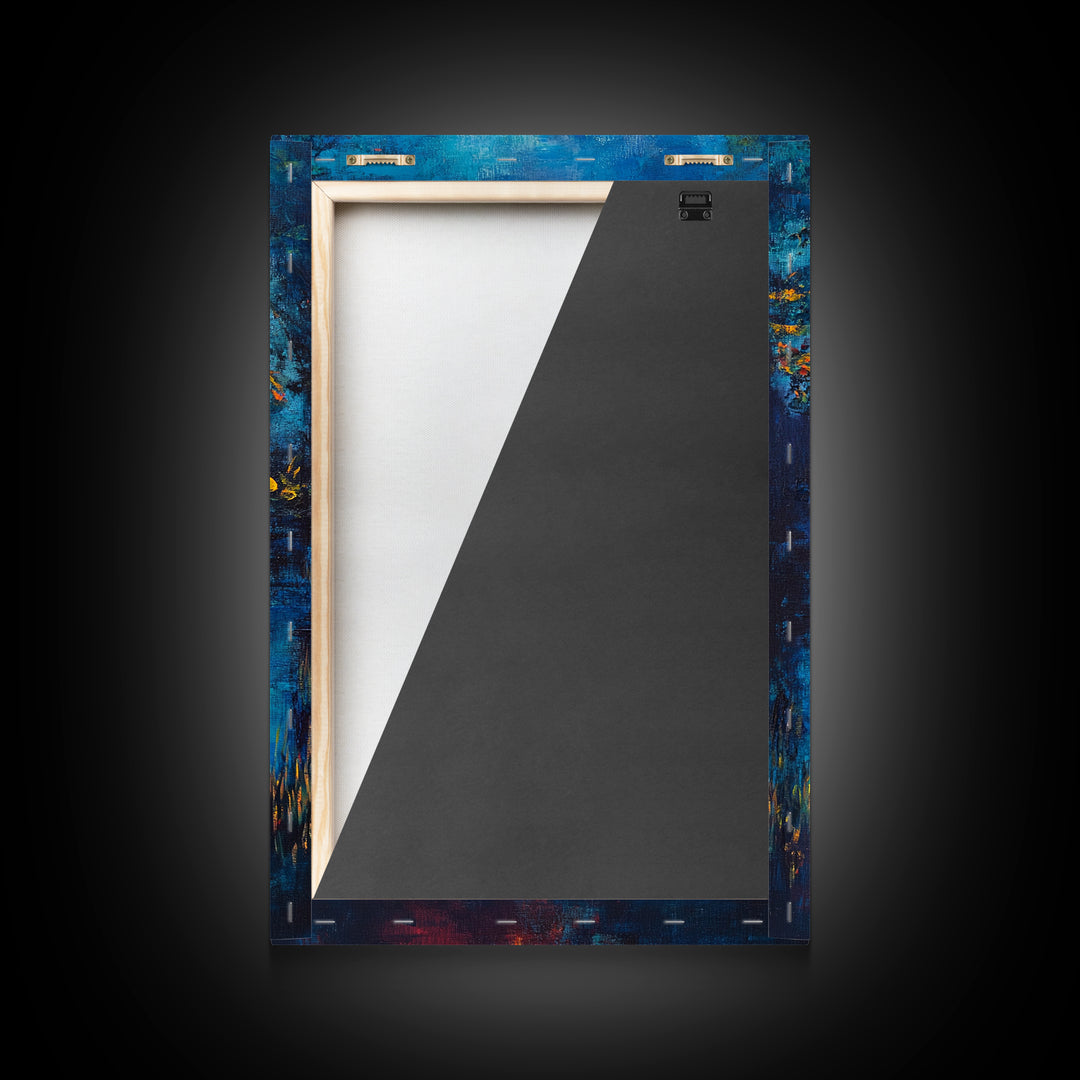 Campfire, Moonlight, Reflection, Framed Canvas Print, landscape painting, moody art, rustic wall art, blue and green wall art, bedroom art