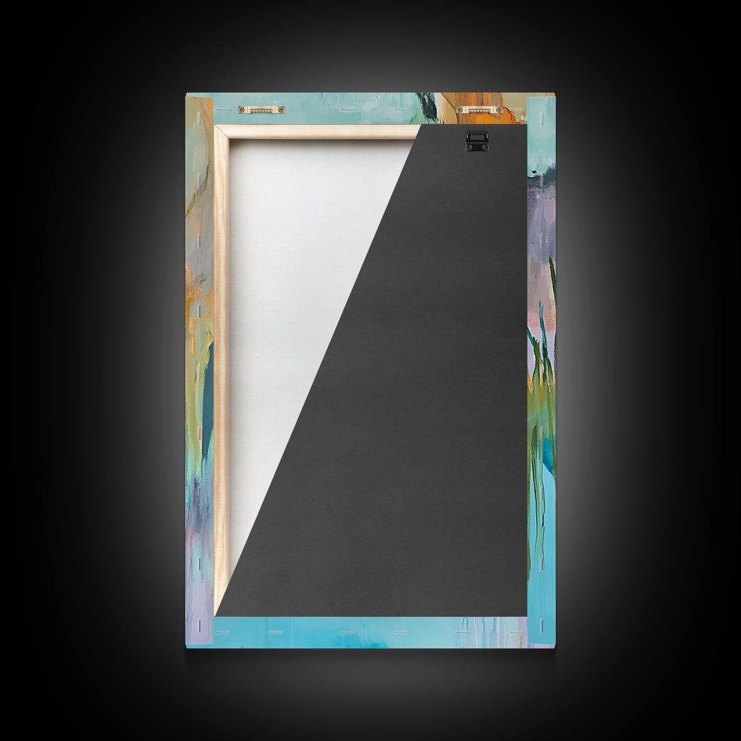 Abstract Landscape, blue and green wall art, horizon painting gray white, rustic art, gift idea for her, Framed Canvas Print