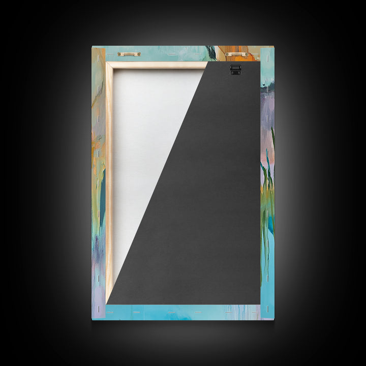 Abstract Landscape, blue and green wall art, horizon painting gray white, rustic art, gift idea for her, Framed Canvas Print