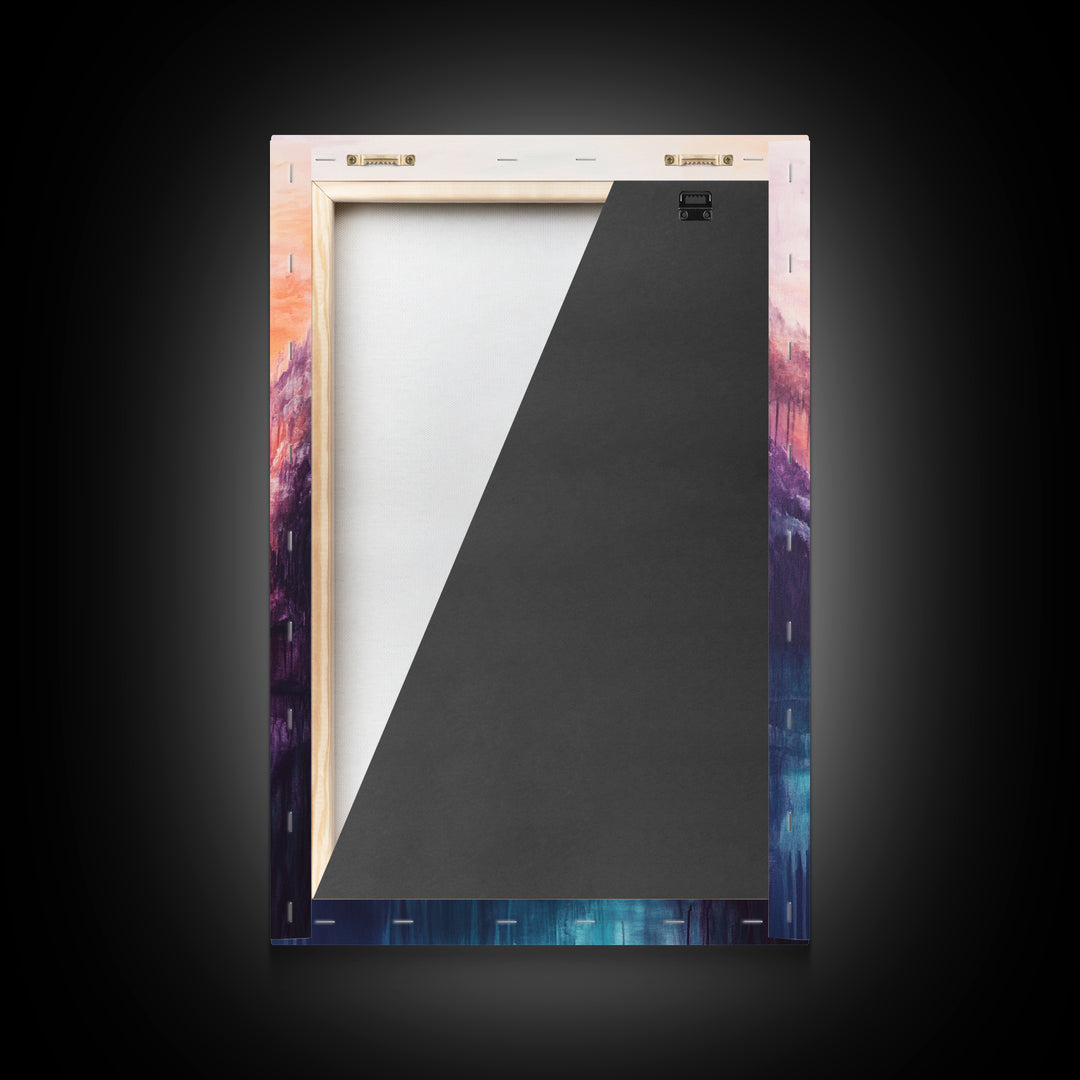 coastal decor, mountain painting, pink orange wall art, sunrise painting, landscape painting, Framed Canvas Print, abstract wall art