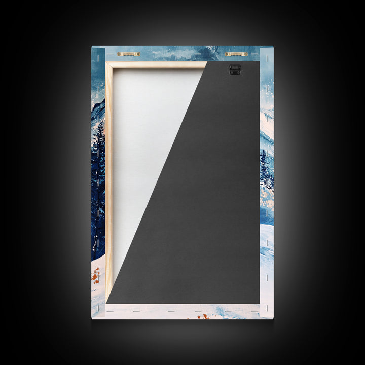 Blue Winter Wonderland Canvas Print Snowy Mountain Art, Nordic Landscape Painting, Ski Lodge Wall Decor, Christmas Holiday Artwork