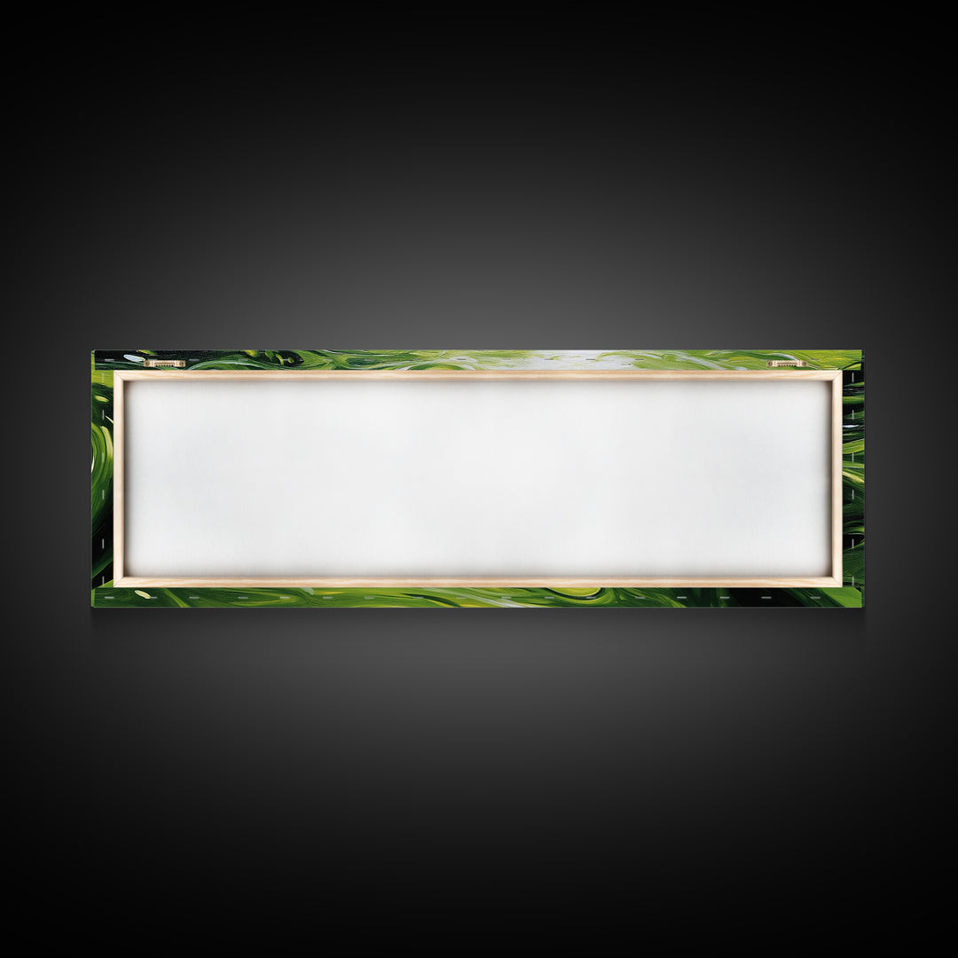 Abstract Green Swirl Painting, Modern Contemporary Wall Art, Nature Inspired Water Reflection, Trendy Office, Framed Canvas Print