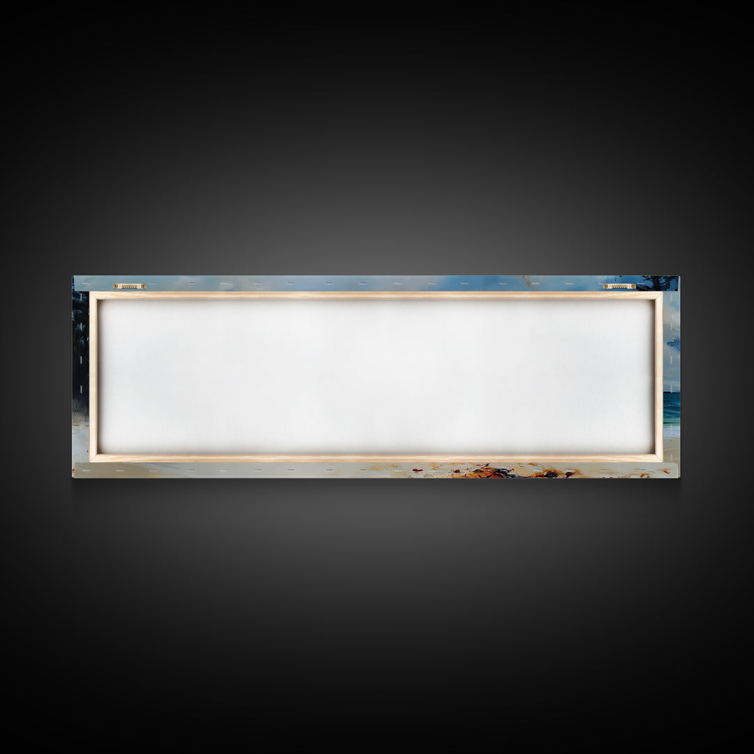 Beach Bonfire Glow Framed Canvas Print Coastal Sunset Wall Art Ocean Retreat Decor Vibrant Campfire Painting Summer Gift