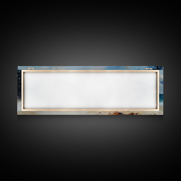 Beach Bonfire Glow Framed Canvas Print Coastal Sunset Wall Art Ocean Retreat Decor Vibrant Campfire Painting Summer Gift