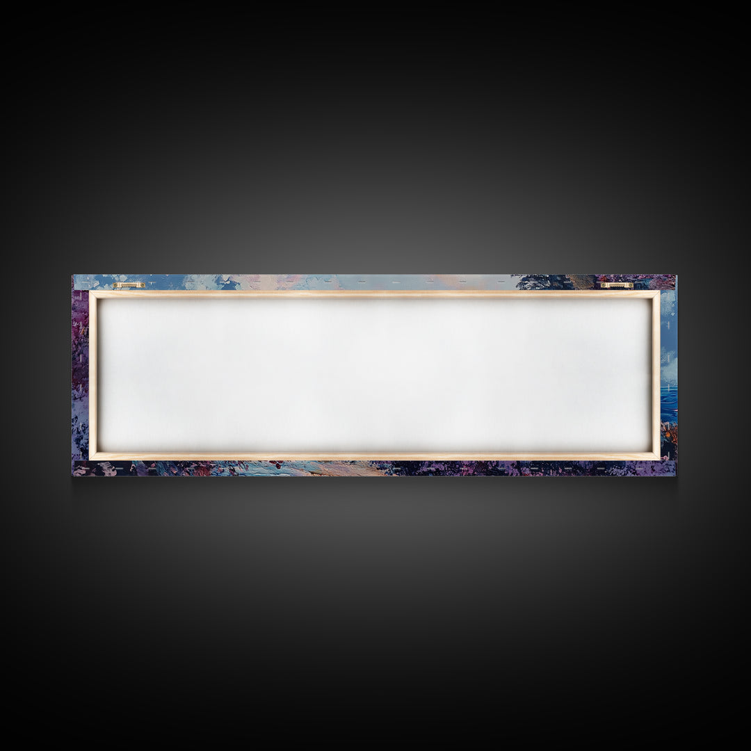 Rocky Shoreline Framed Canvas Print Vibrant Coastal Wall Art, Textured Ocean Scene, Sunset Beach Painting, Modern Boho Decor