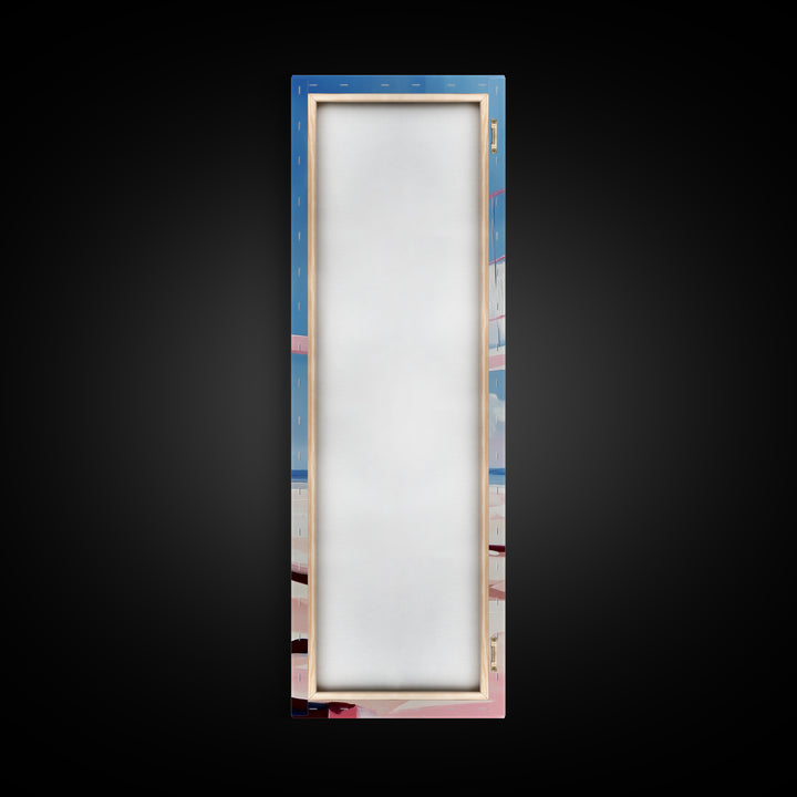 Beach Volleyball Net, Summer Fun, Pink Aesthetic, Framed Canvas Print, Modern Minimalist, Coastal Sports, Vacation Home Wall Art