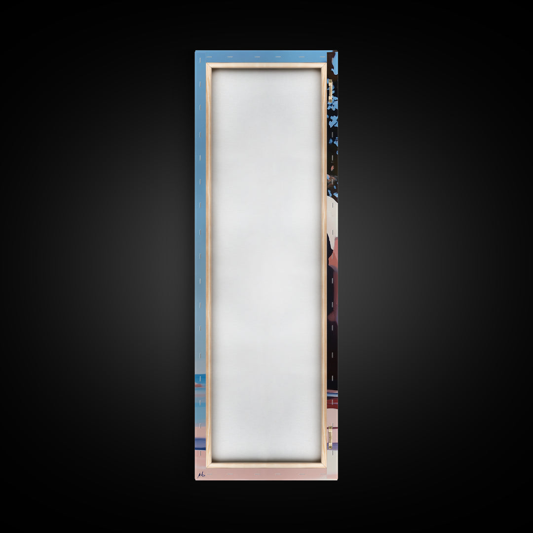 Coastal Adventure, Pink and Blue Art, Minimalist Beach Scene, Modern Landscape, Travel Inspiration, Contemporary Framed Canvas Print