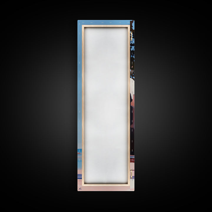 Coastal Adventure, Pink and Blue Art, Minimalist Beach Scene, Modern Landscape, Travel Inspiration, Contemporary Framed Canvas Print