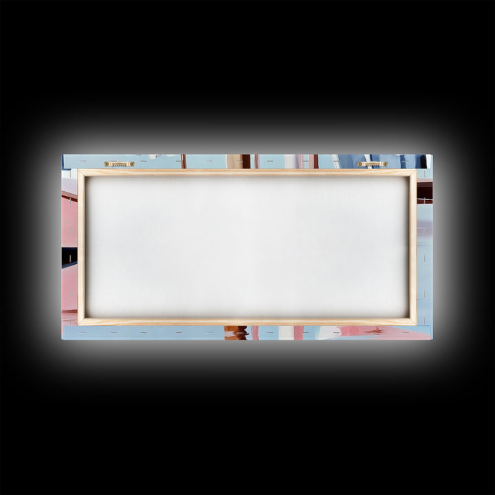 Docked Boats, Waterfront Scene, Canvas Print, Nautical Home Decor, Living Room Wall Art, Soft Pastel Aesthetic, Minimalist Seaside