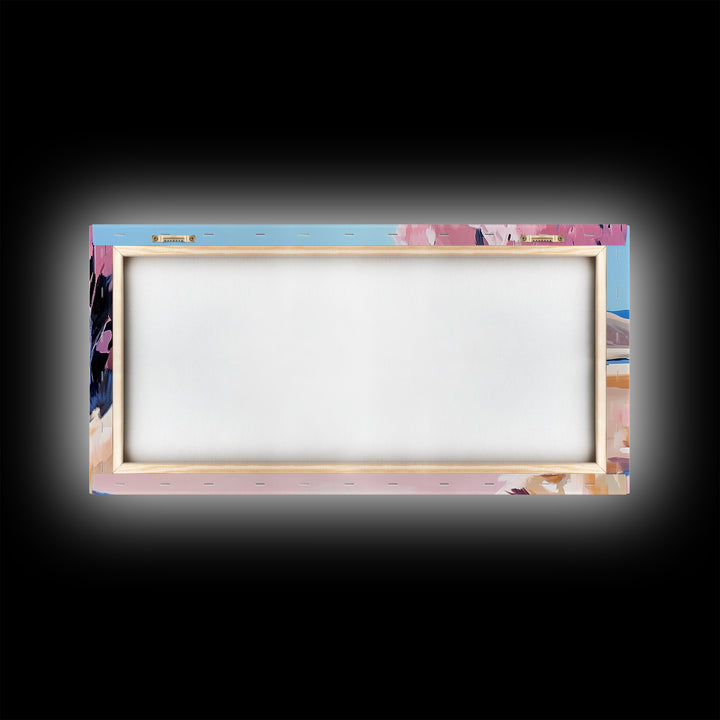 Blossoms, Mountain Path, Scenic Landscape Art, Nature Painting, Boho Decor, Framed Canvas Print, Pastel Pink Trees, Serene Wall Art