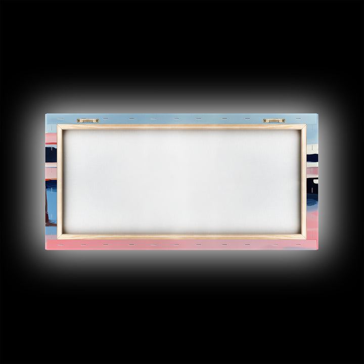 Dock, Reflections, Landscape Art, Nautical Decor, Serene Water Painting, Framed Canvas Print, Minimalist Seaside Art, Blue Pink Aesthetic