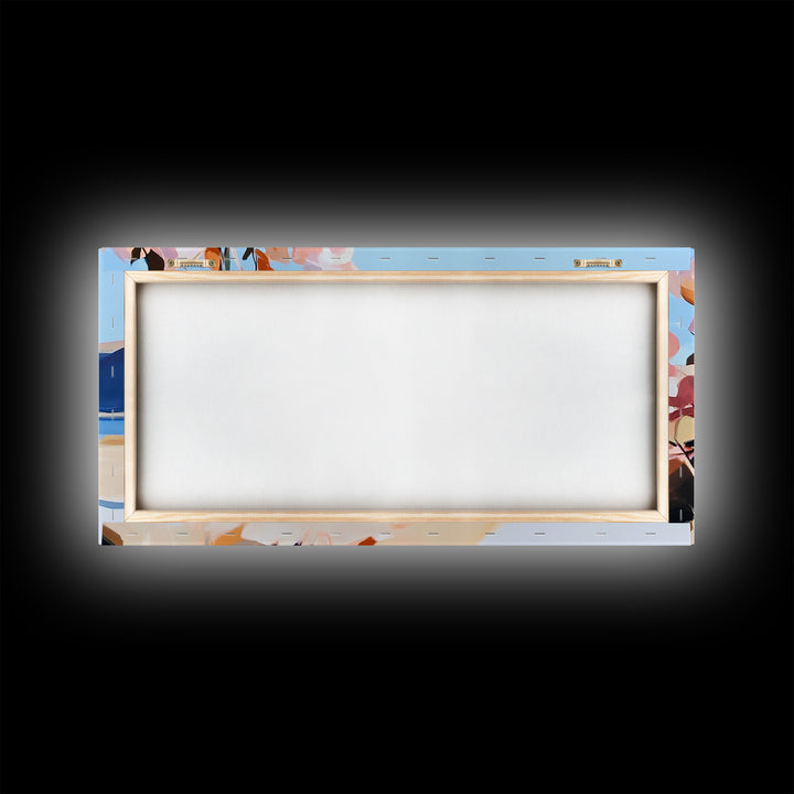 Coastal Flowers, Blue Ocean, Beach Aesthetic, Vibrant Nature Art, Boho Wall Decor, Bedroom Art, Pink Floral Scene, Canvas Print