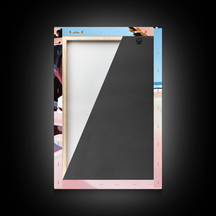 Cliffside Beach, Coastal Retreat, Relaxing Seascape, Ocean View, Soft Pastels, Tranquil Art, Summer Vibes, Framed Canvas Print