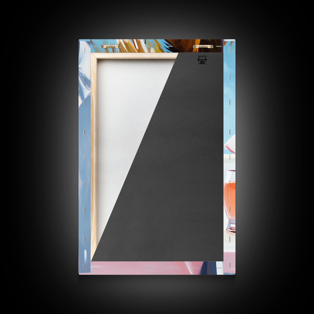 Beach Picnic, Palm Tree, Drinks, Framed Canvas Print, Summer Wall Art, Tropical Aesthetic, Kitchen Art, Coastal Home Decor, Boho Art