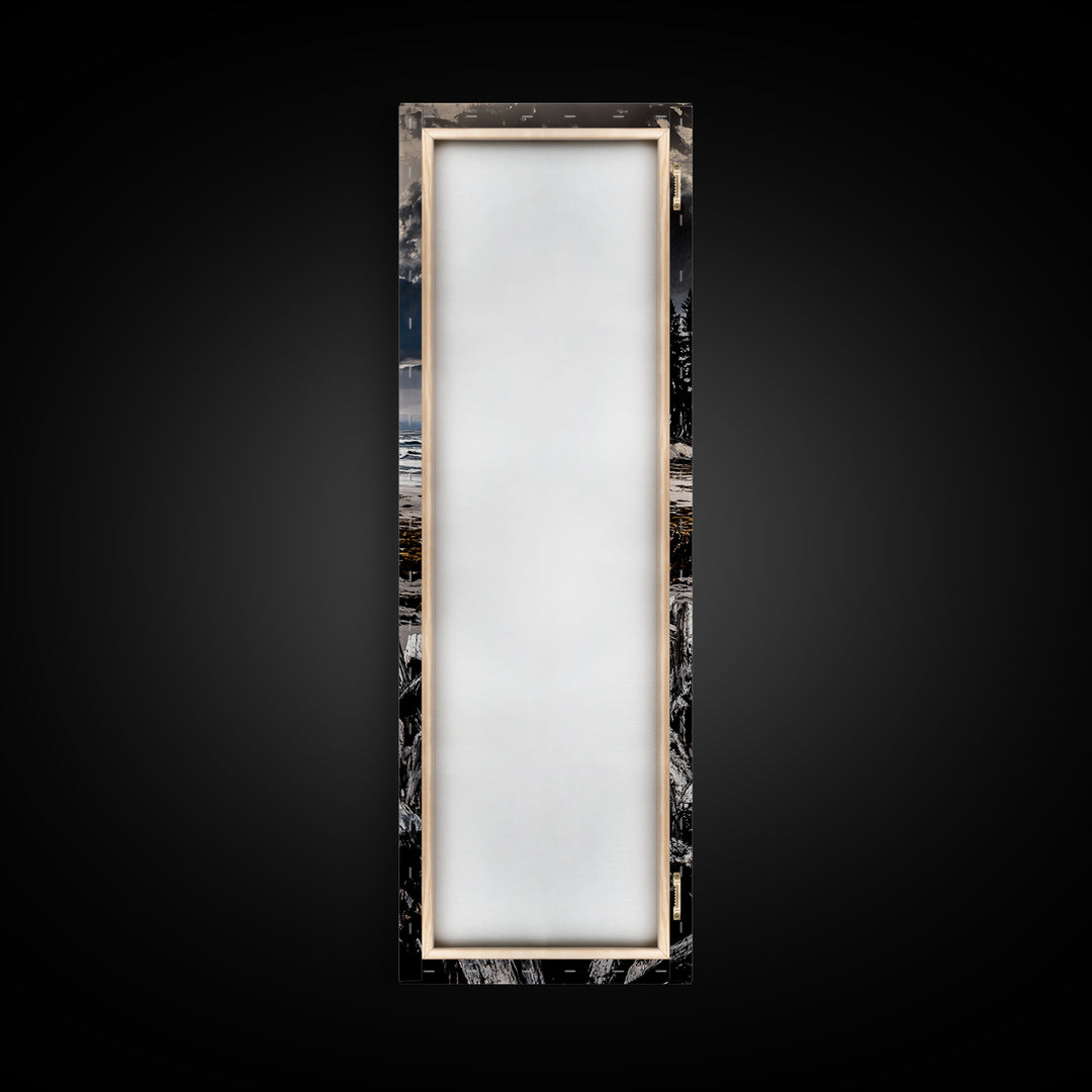 Coastal Beach, Driftwood Shore, Stormy Sky, Framed Canvas Print, Ocean Wall Art, Seaside Decor, Nautical Painting, Living Room Wall Art