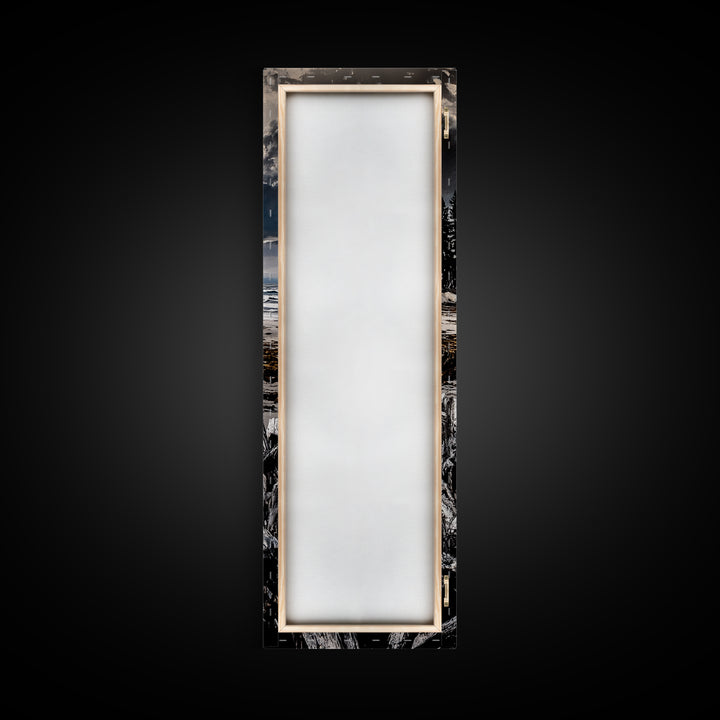 Coastal Beach, Driftwood Shore, Stormy Sky, Framed Canvas Print, Ocean Wall Art, Seaside Decor, Nautical Painting, Living Room Wall Art