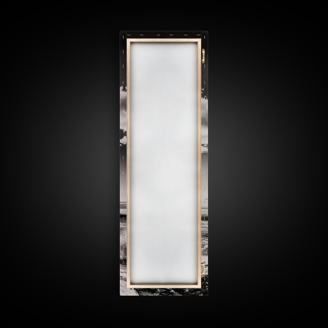 Coastal Waves, Black and White, Green Wave, Framed Canvas Print, Modern Beach Wall Art, Minimalist Ocean Decor, Living Room Art