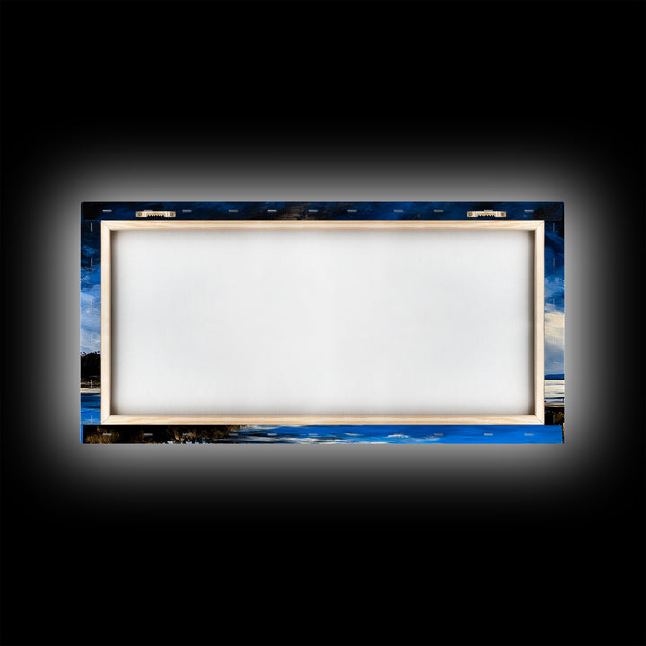 Blue Pier, Lake Scene, Stormy Sky, Framed Canvas Print, Nautical Art, Minimalist Landscape, Bedroom Wall Decor, Large Wall Art