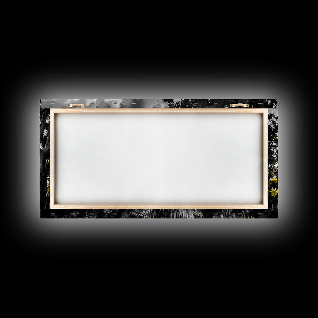 Rustic Cabin, Lake View, Black White Yellow, Large Canvas Print, Country Landscape, Farmhouse Wall Art, Living Room Decor, Framed Artwork