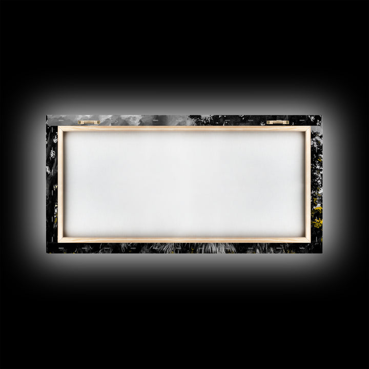 Rustic Cabin, Lake View, Black White Yellow, Large Canvas Print, Country Landscape, Farmhouse Wall Art, Living Room Decor, Framed Artwork