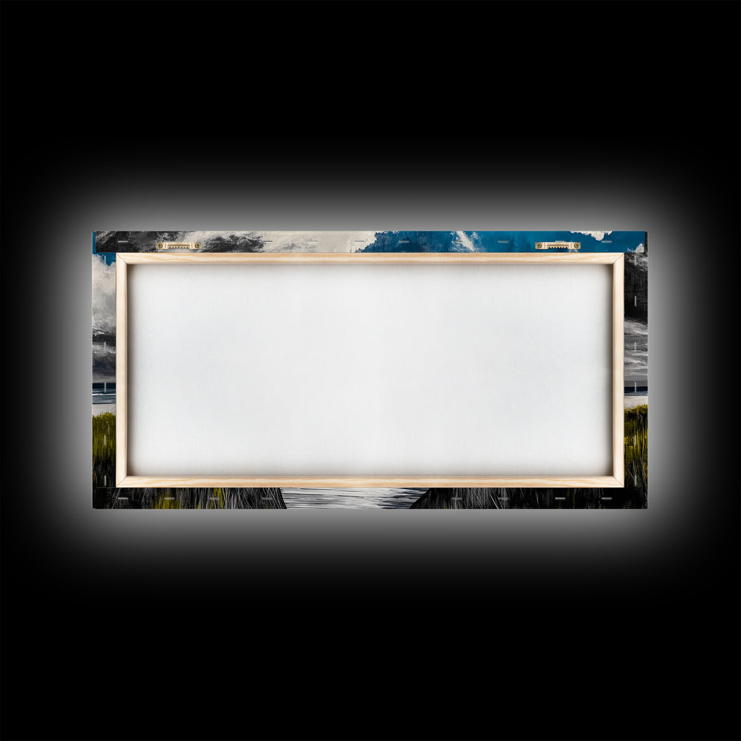 Beach Boardwalk, Coastal Landscape, Black and White Seascape, Nautical Decor, Living Room Artwork, Beach House Scene, Framed Canvas Print