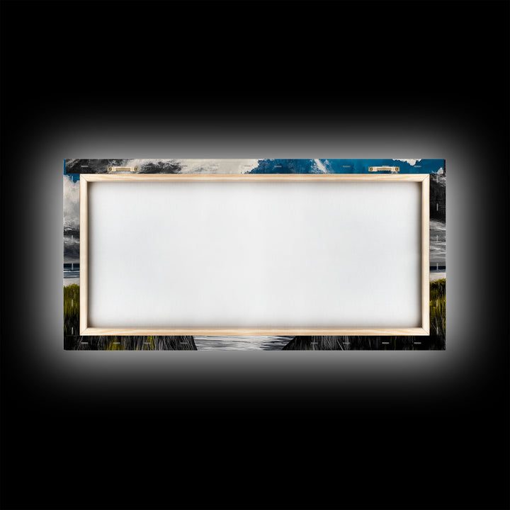 Beach Boardwalk, Coastal Landscape, Black and White Seascape, Nautical Decor, Living Room Artwork, Beach House Scene, Framed Canvas Print