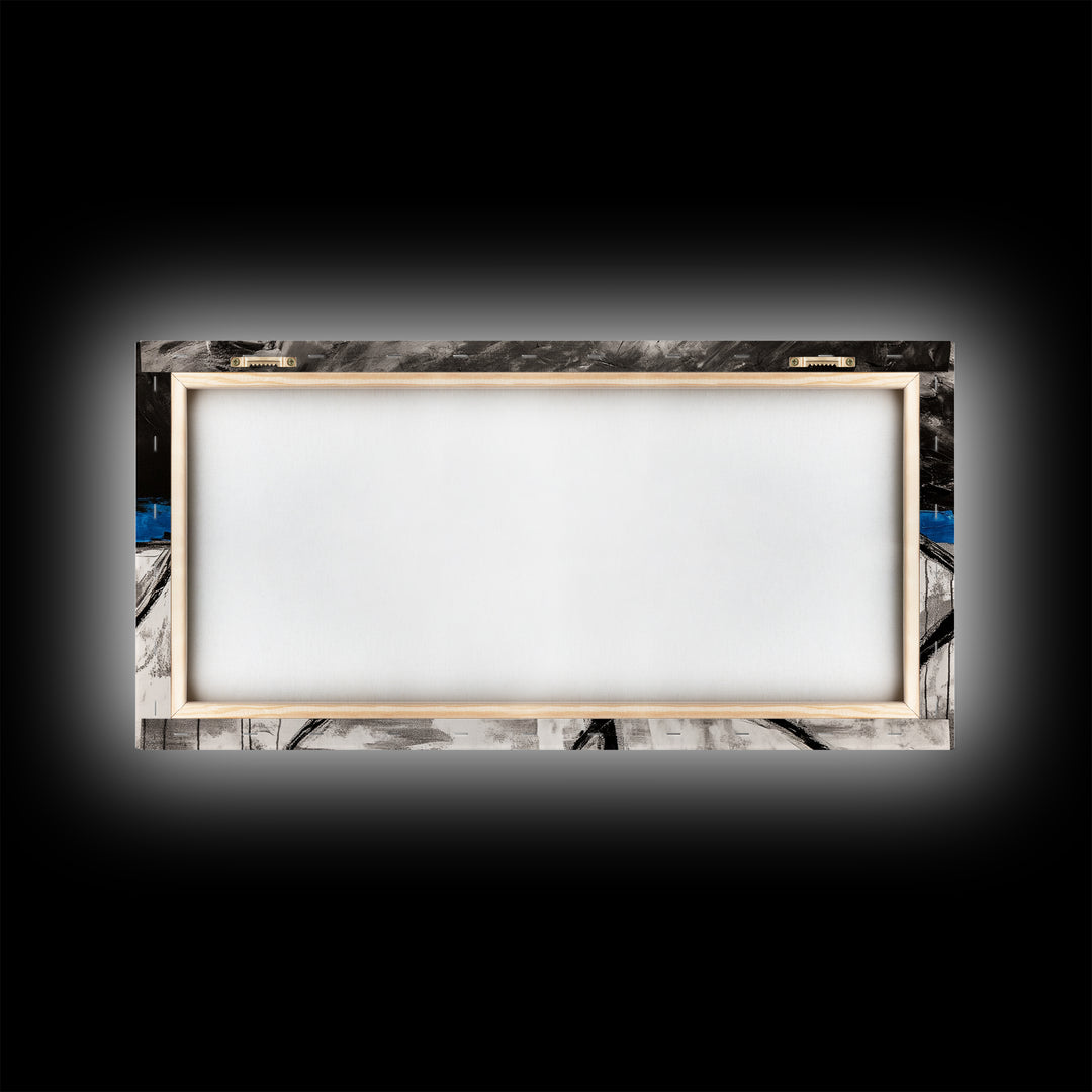 Blue Horizon, Abstract Lines, Framed Canvas Print, Minimalist Painting, Office Wall Art, Geometric Decor, Black and White Aesthetic