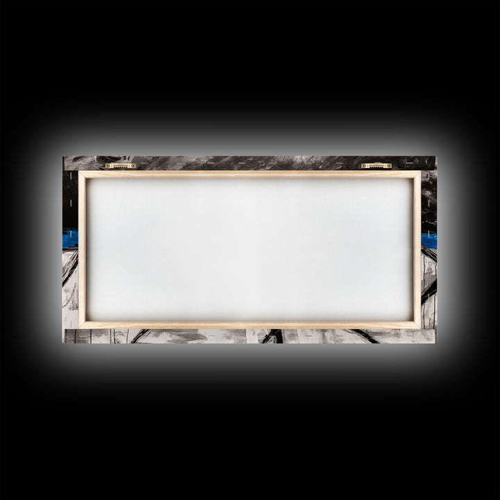 Blue Horizon, Abstract Lines, Framed Canvas Print, Minimalist Painting, Office Wall Art, Geometric Decor, Black and White Aesthetic