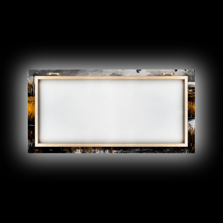 Autumn Landscape, Rustic River Scene, Golden Fields, Nature Wall Art, Farmhouse Style, Cabin Decor, Warm Tones, Framed Canvas Print