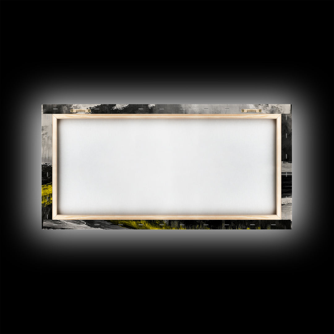 Coastal Horizon, Ocean Beach Art, Black and White Wall Decor, Dramatic Sky, Yellow Grass, Modern Landscape, Serene View, Framed Canvas Print