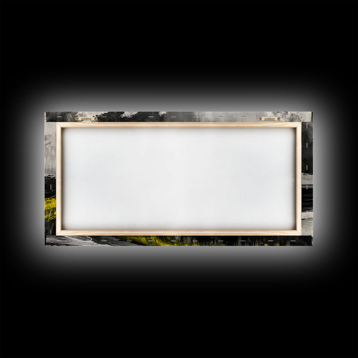 Coastal Horizon, Ocean Beach Art, Black and White Wall Decor, Dramatic Sky, Yellow Grass, Modern Landscape, Serene View, Framed Canvas Print