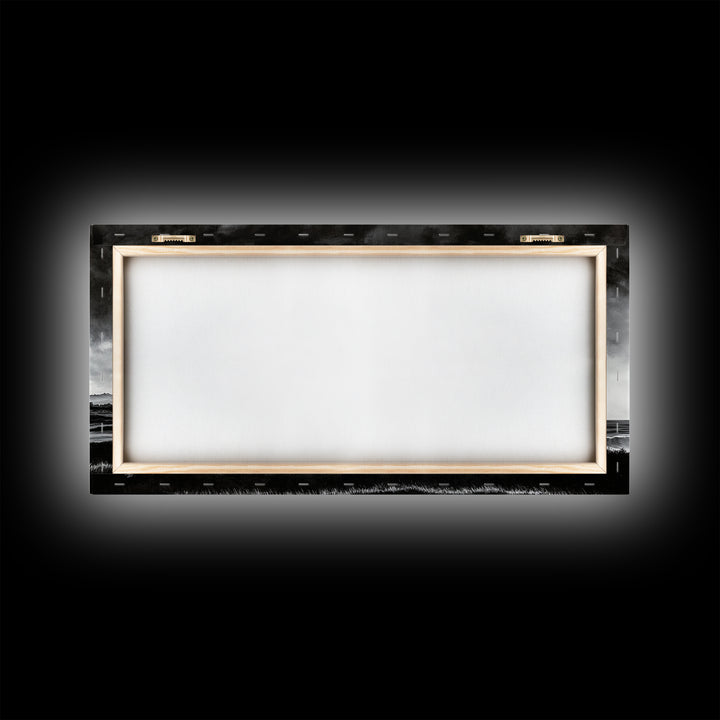 Black and White Beach, Moody Sky, Stormy Waves, Framed Canvas Print, Minimalist Wall Art, Modern Home Decor, Nautical Landscape