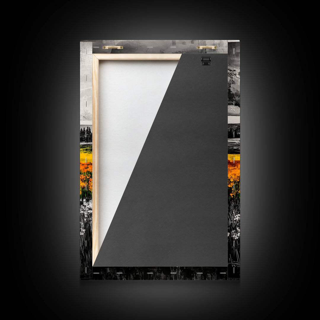 Black White Landscape, Yellow Wildflower Field, Nature Wall Art, Rustic Farmhouse Art, Country Home Decor, Office Art, Framed Canvas Print