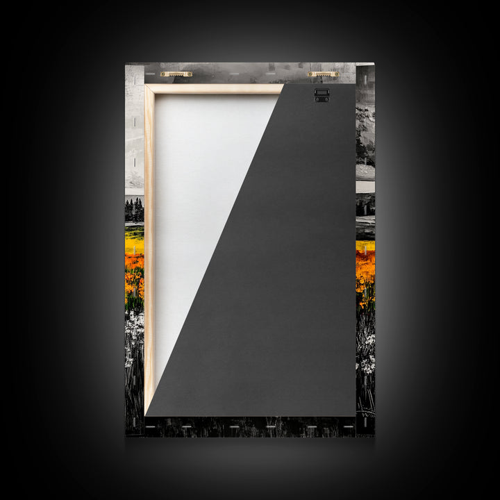 Black White Landscape, Yellow Wildflower Field, Nature Wall Art, Rustic Farmhouse Art, Country Home Decor, Office Art, Framed Canvas Print