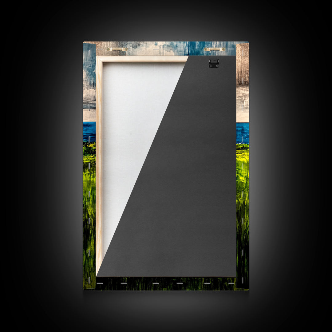 Coastal Landscape, Ocean View, Green Fields, Framed Canvas Print, Serene Wall Art, Nature Inspired, Tranquil Beach Decor, Modern Art