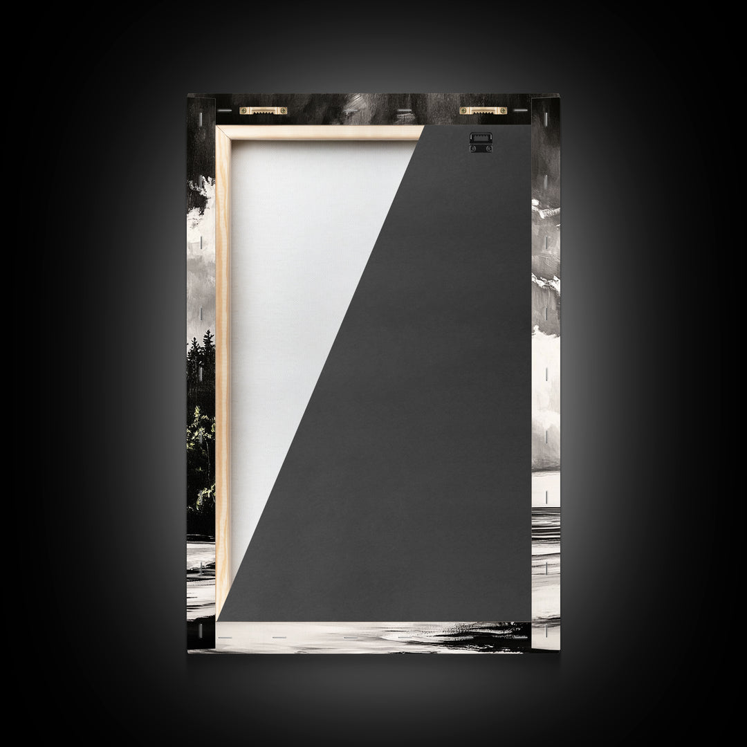 Coastal Cliffs, Black and White Landscape, Moody Sky Painting, Rustic Nature Wall Art, Office Decor, Framed Canvas Print