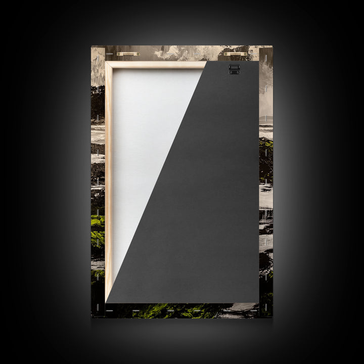 Coastal Rocks, Mossy Shore, Framed Canvas Print, Ocean Landscape, Beach House Wall Art, Nautical Decor, Green Nature, Relaxing Art