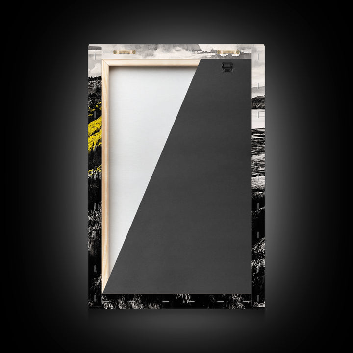 Cliffs, Ocean View, Framed Canvas Print, Coastal Landscape, Beach House Decor, Nature Wall Art, Black White Yellow Art, Scenic View