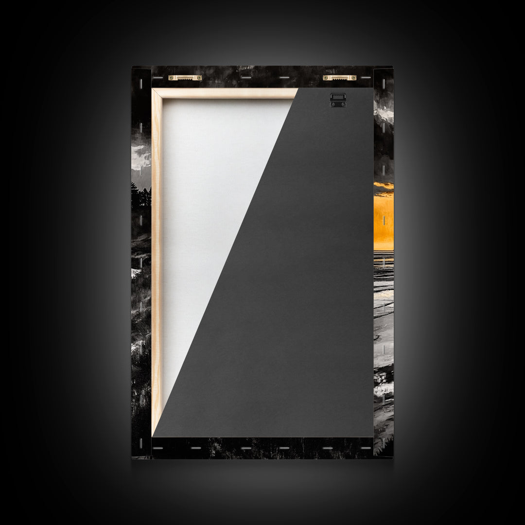 Cliffside Sunset, Golden Sky, Coastal View, Seascape, Framed Canvas Print, Modern Wall Art, Office Decor, Dramatic Landscape