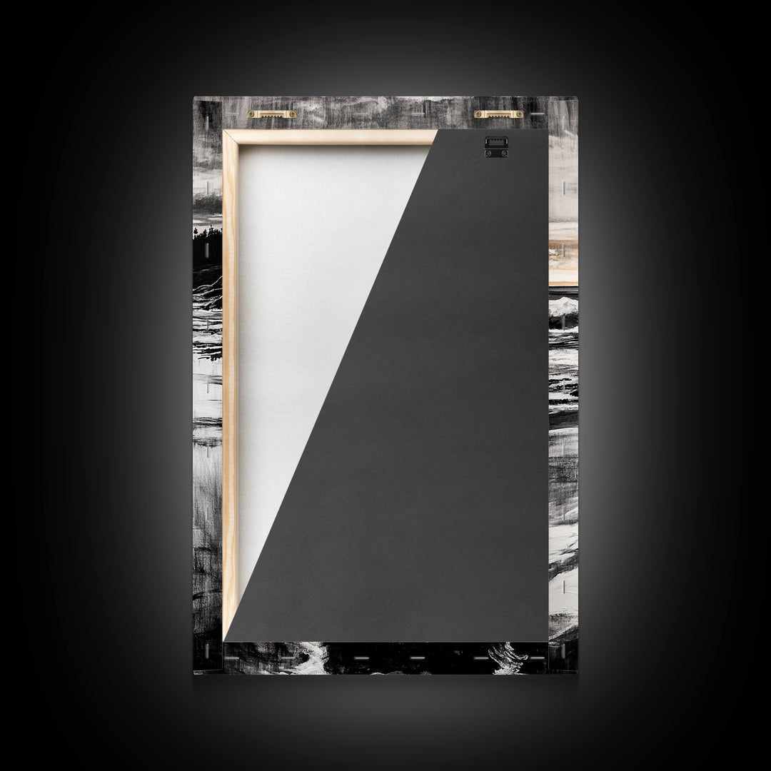 Rocky Beach, Sunset Landscape, Black White Gold, Framed Canvas Print, Coastal Wall Art, Nature Painting, Serene Home Decor