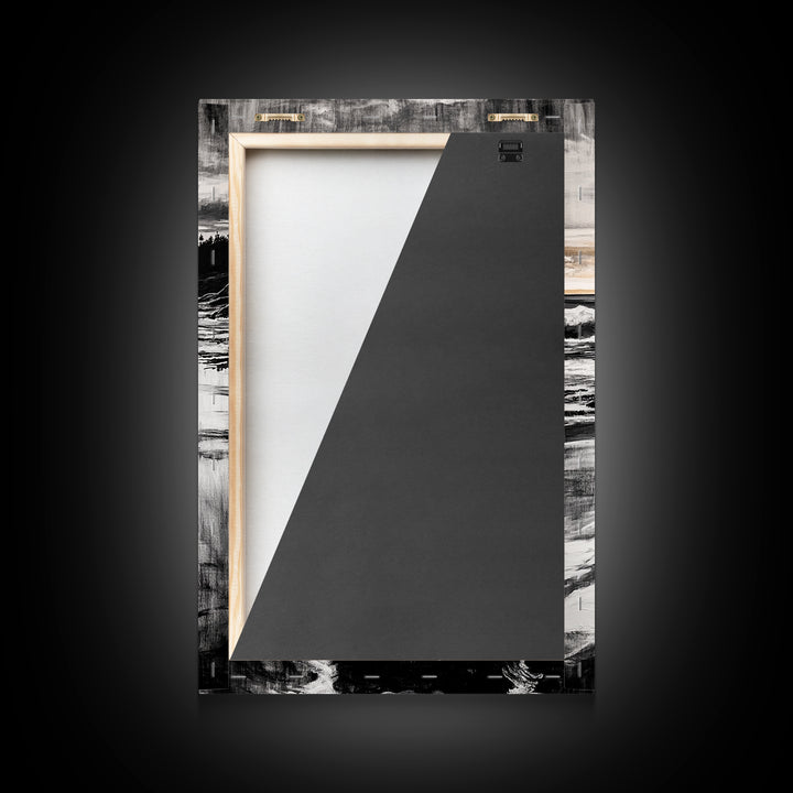 Rocky Beach, Sunset Landscape, Black White Gold, Framed Canvas Print, Coastal Wall Art, Nature Painting, Serene Home Decor