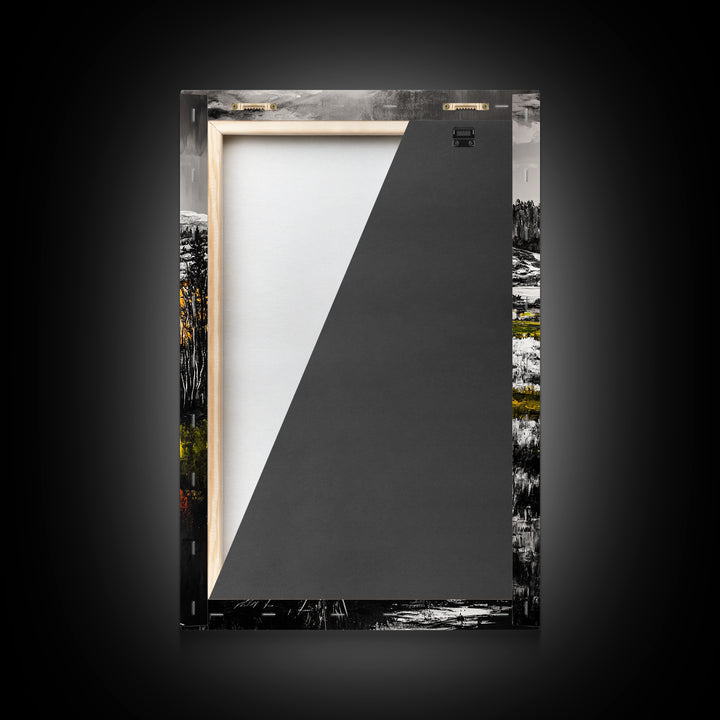 Autumn River, Fall Landscape, Black White Orange, Framed Canvas Print, Nature Wall Art, Cabin Decor, Rustic Home Painting