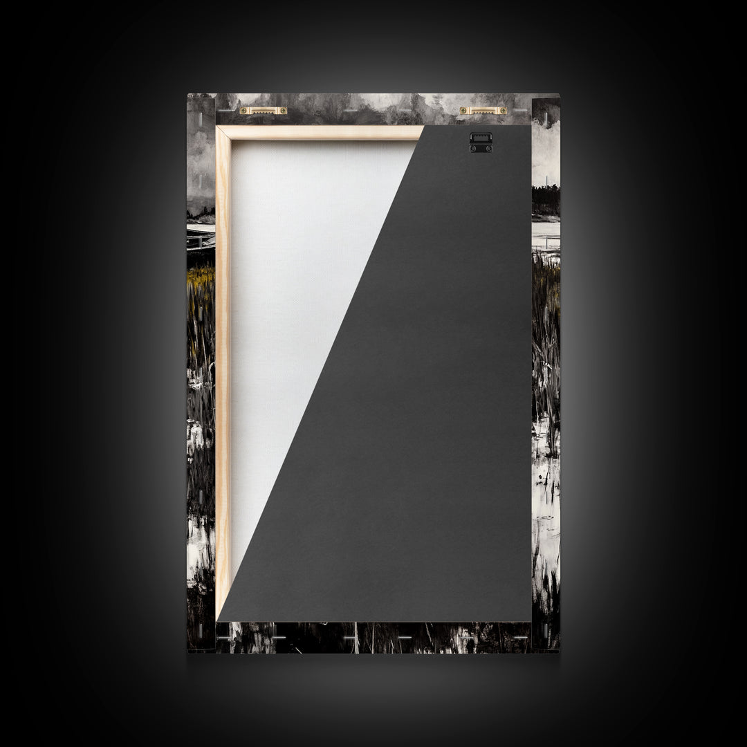 Canoe on Water, Lakeside Reflection, Framed Canvas Print, Nature Art, Cabin Wall Decor, Black and White Landscape, Serene Home Accent