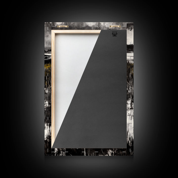 Canoe on Water, Lakeside Reflection, Framed Canvas Print, Nature Art, Cabin Wall Decor, Black and White Landscape, Serene Home Accent