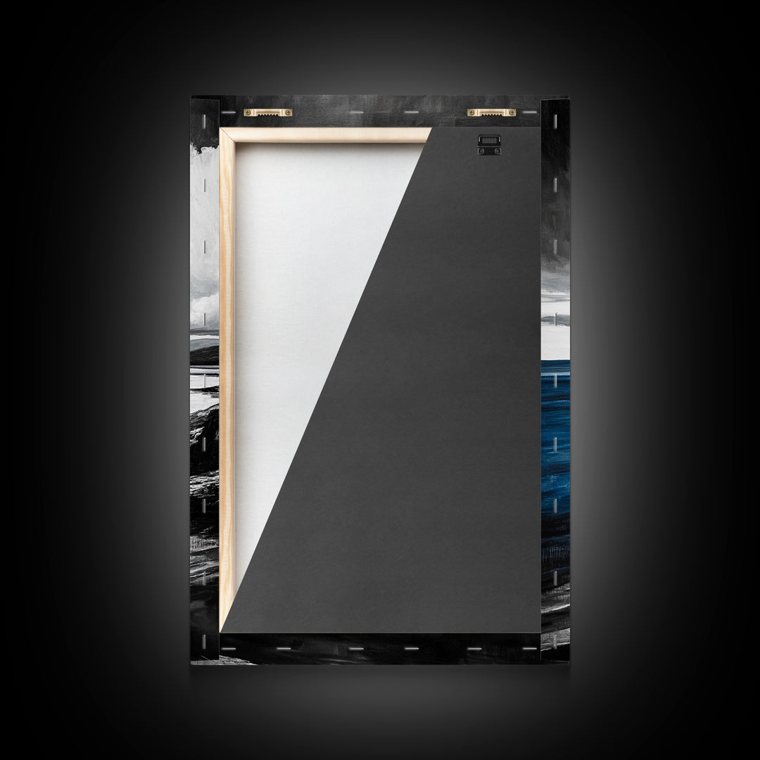 Coastal Shoreline Art, Monochrome Beach Print, Serene Ocean View, Tranquil Seascape Wall Decor, Nautical Art, Framed Canvas Print